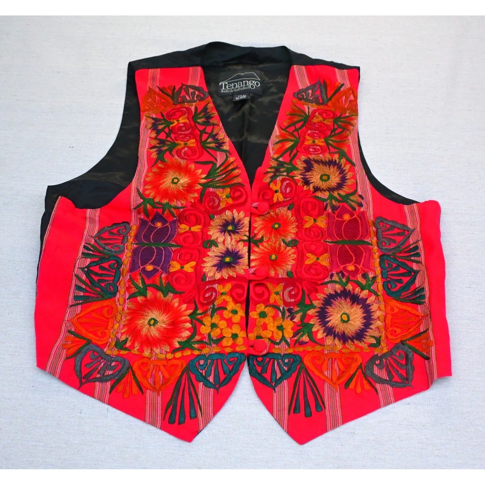 Tenango Designs Vintage 90s Size L Embroidered Vest Red Black Floral Guatemala